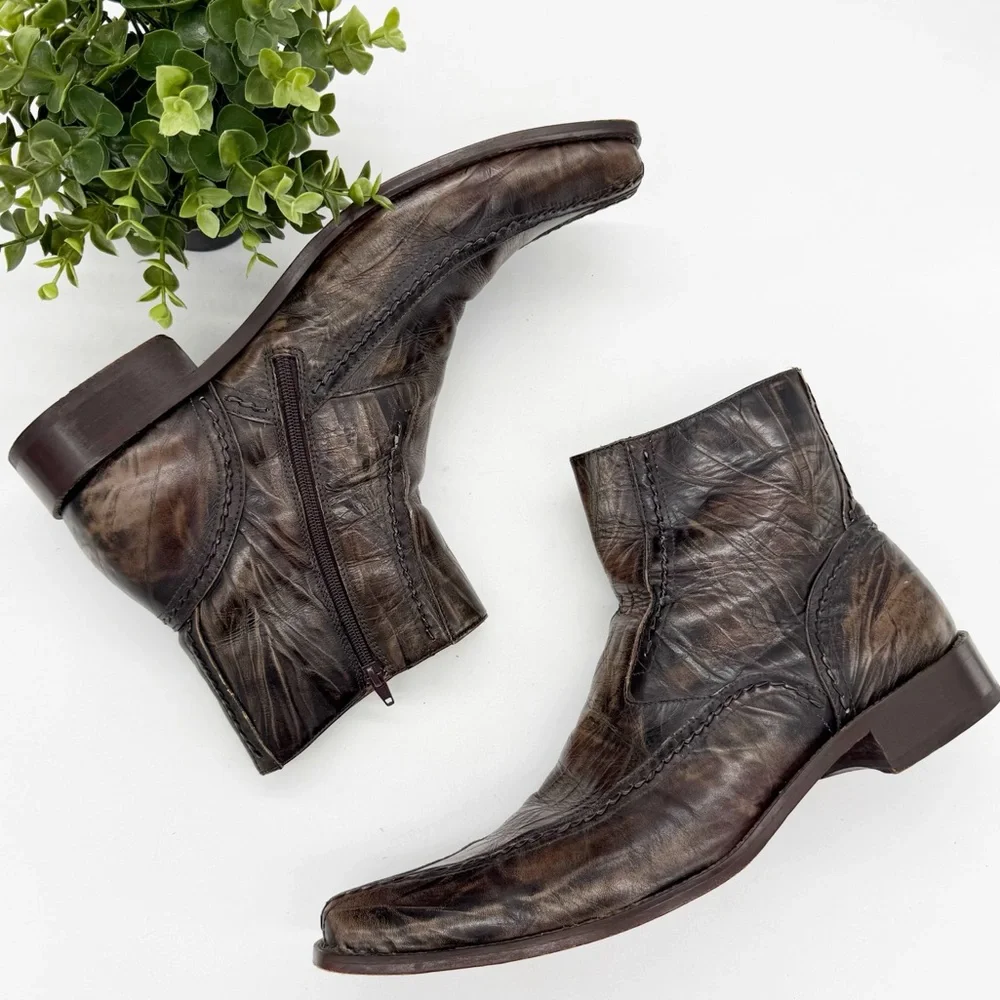 Bacco Bucci Brown Distressed Leather Western Ankle Boot Size 13 Square Toe